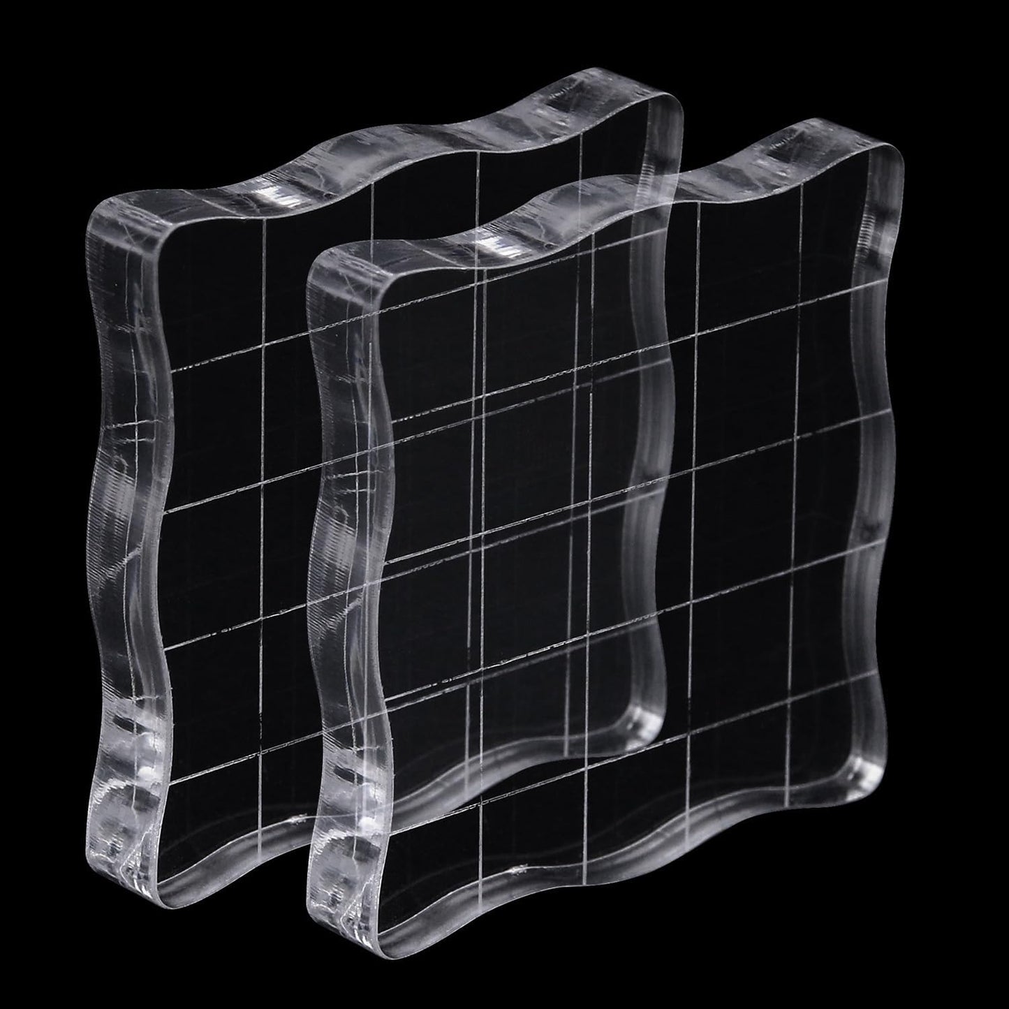 2Pcs Clear Stamp Blocks Set, 2 x 2 Inch Wave-Like Acrylic Blocks for Stamping With Grid Lines - Scrapbooking Crafts Tools