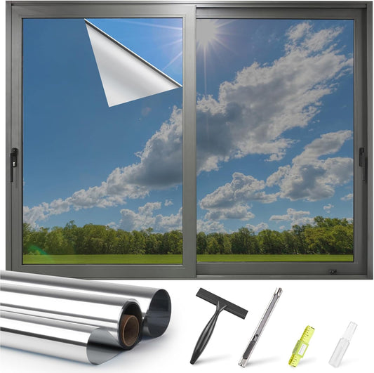 Kromapolis One Way Window Privacy Film Reflective Mirror Home Window Tint, Daytime Privacy Heat Control Anti UV Glass Tinting Static Cling (Silver, 35.4 x 118.1 inch)