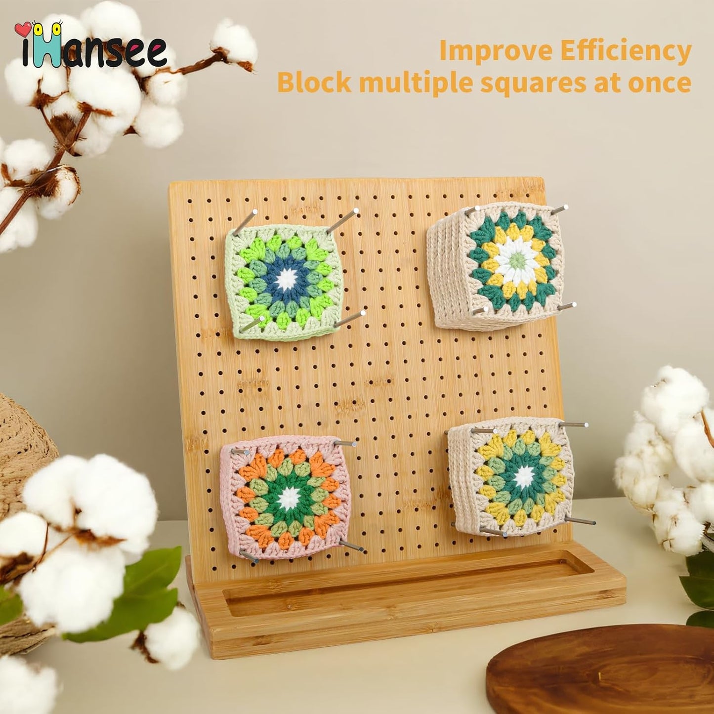 iHansee 11" Crochet Blocking Board with 20 Pegs, 200 Stitch Markers, Bamboo Granny Square Blocking Boards for Crochet Projects, Knitting Crocheting Accessories Kit, Gifts for Crocheters