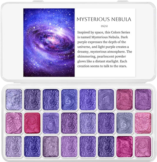 Mini Glitter Watercolor Paint Set with Paper, 24 Colors Shimmer Metallic Watercolour Painting Sets, Solid Pearl Water Color Paints for Adult, Kids, Purple 1ml Trial Pack(Mysterious Nebula)