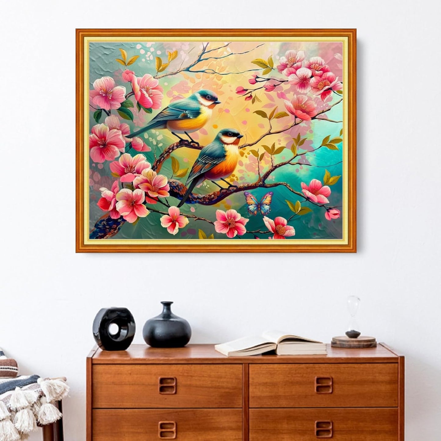 Stamped Cross Stitch Kits - Beach Night Landscape Counted Cross Stitch Kits for Beginners Adults Needlepoint Cross-Stitch Patterns-Little Bird Pink Peach Blossom 16x20 inchs