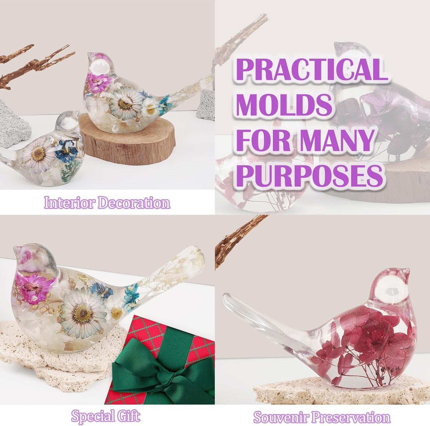 2Pcs Bird Resin Molds, Bird Silicone Epoxy Molds, 3D Animal Resin Silicone Molds for Resin Casting, DIY Crafts, Indoor Desktop Decor