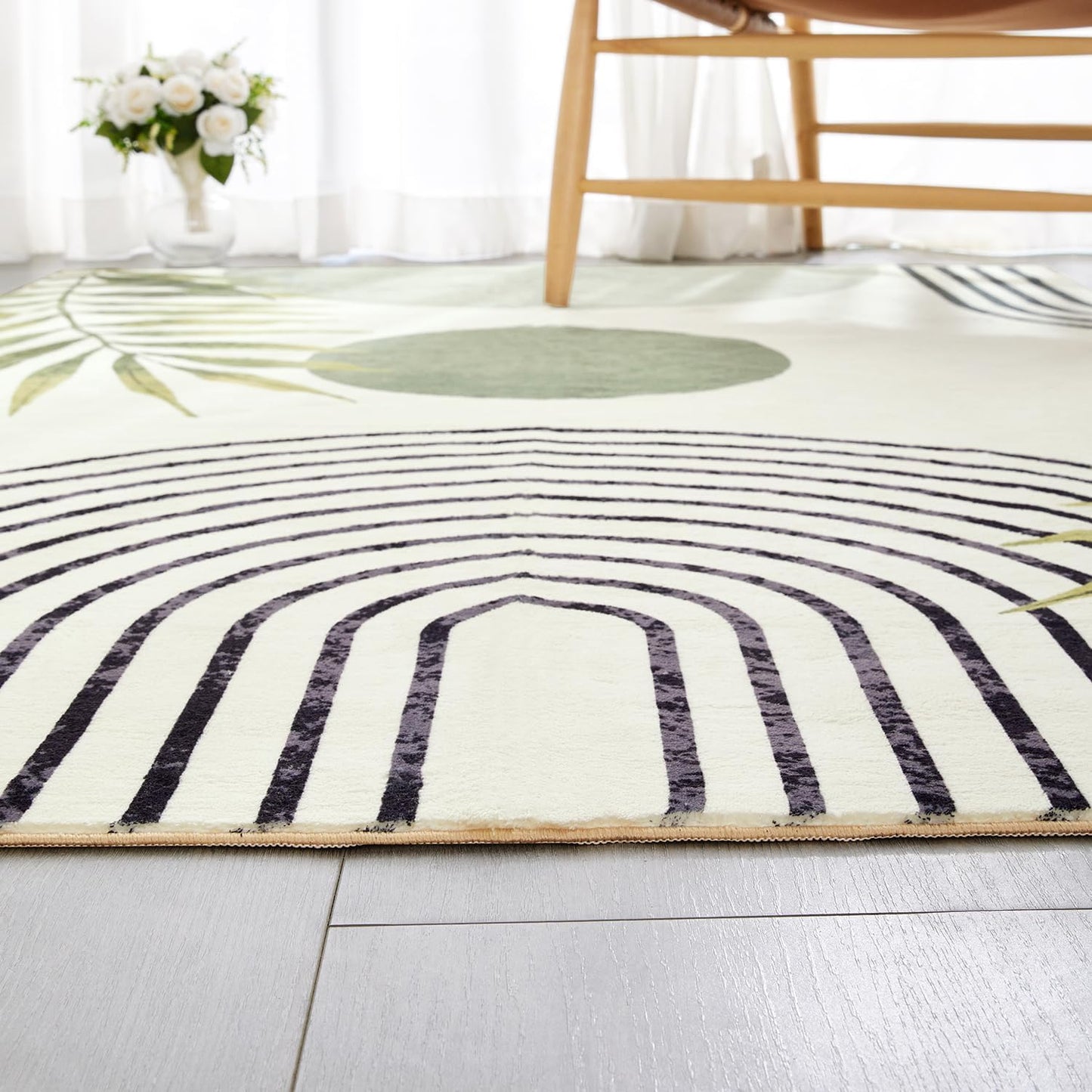 RoomTalks Mid Century Modern Washable Rug Stain Resistant, Boho Cute Aesthetic 8x10 Area Rugs for Bedroom Dining Living Room Office, Green Abstract Tropical Leaves Indoor Rug Plant Botanical Carpet