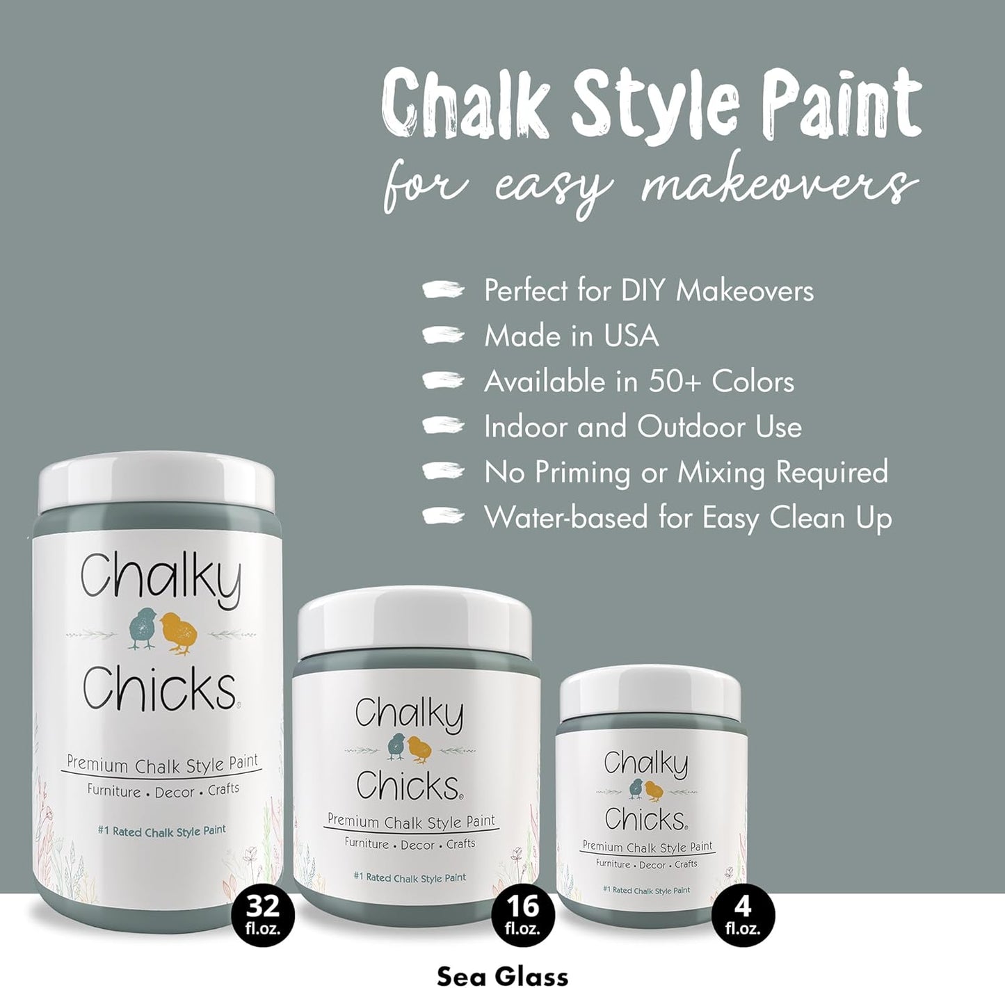 Chalky Chicks All-in-One Chalk Paint for Furniture or Cabinet - 32 Fl Oz - Matte Finish Sea Glass (Light Blue) for Metal, Wood Furniture Paint - No Sanding All-in-One for Home Decor & Crafts, USA Made
