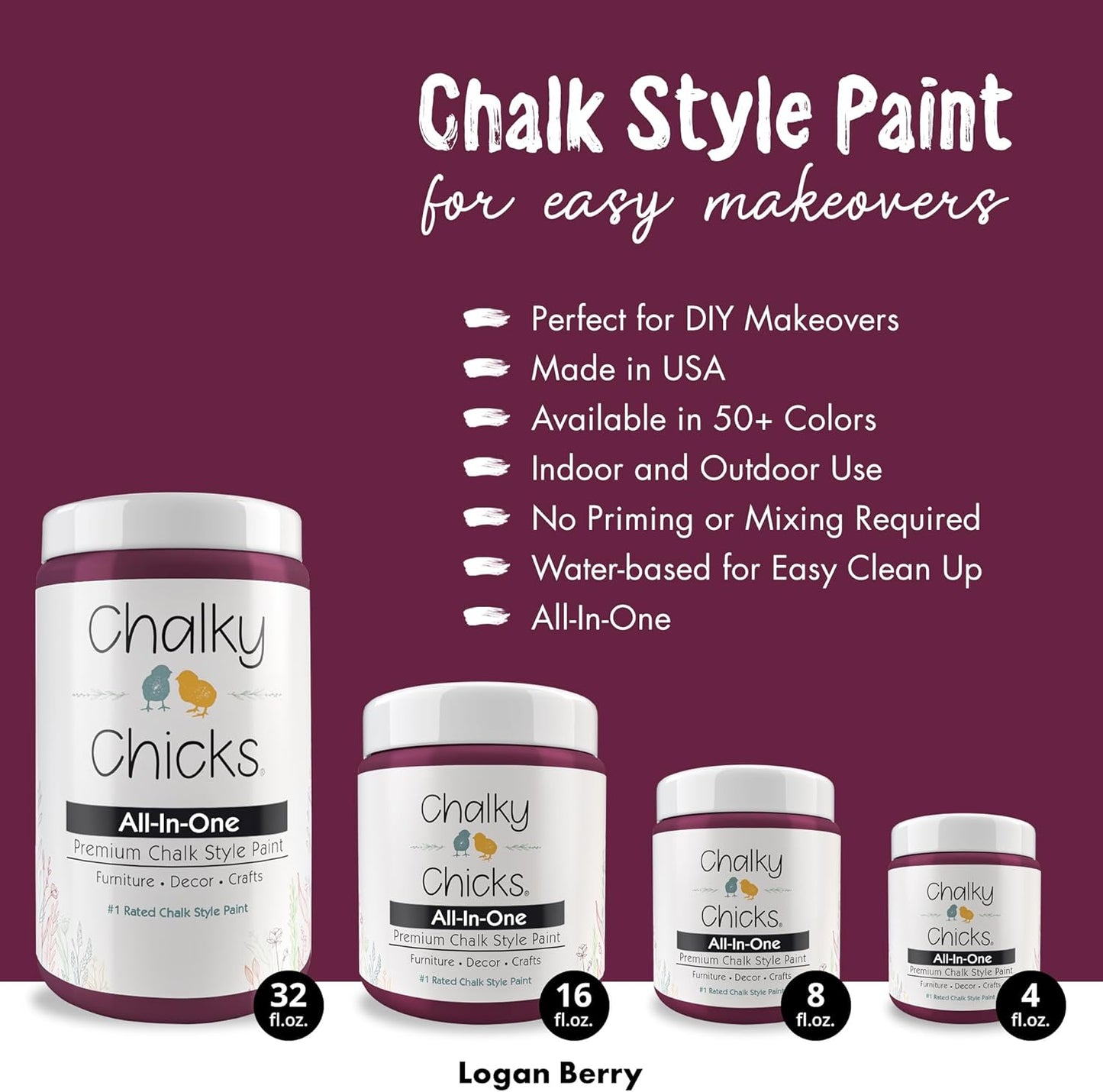 Chalky Chicks All-in-One Chalk Paint for Furniture or Cabinet - 8 Fl Oz - Matte Finish Logan Berry (Plum) for Metal, Wood Furniture Paint - No Sanding All-in-One for Home Decor & Crafts, USA Made