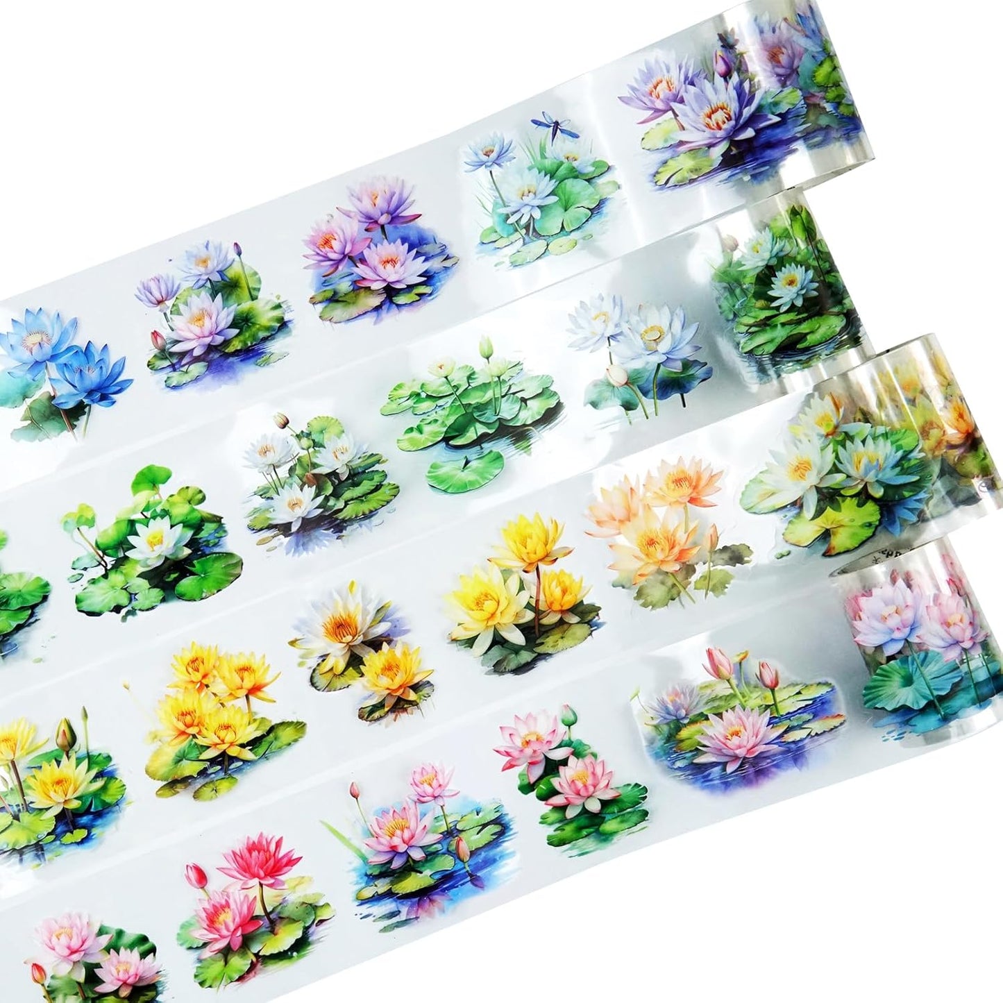 Lotus Pond PET Tape Set, 4 Rolls Pre-Cut Floral Stickers for Scrapbooking, Journaling, DIY Crafts, and Planner Decoration