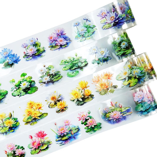 Lotus Pond PET Tape Set, 4 Rolls Pre-Cut Floral Stickers for Scrapbooking, Journaling, DIY Crafts, and Planner Decoration