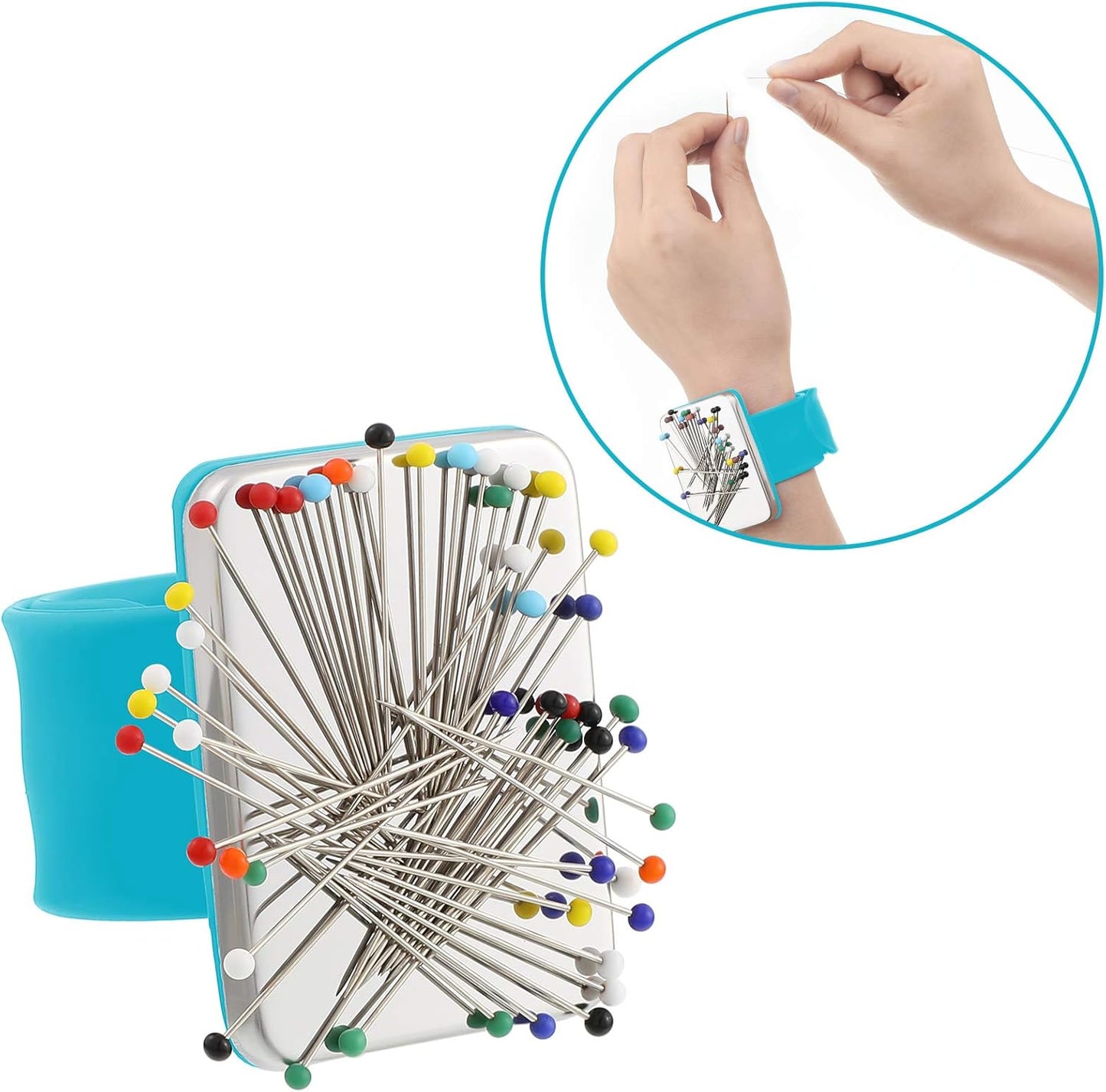 Magnetic Wrist Sewing Pincushion with 100 Pieces 1.5 Inch Ball Head Sewing Pins Set Wrist Magnetic Pin Holder Gift Supplies(Blue)