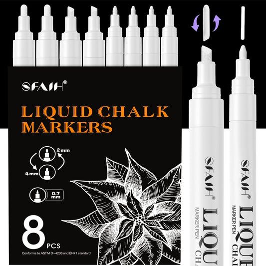 SFAIH 8 White Chalk Markers for Blackboard - [1s Wet Wipe] No Residue, Liquid Chalk Markers for Blackboard, Menu, Bistro, Signs, Windows, Glass, Food Labels, 6mm & 1mm Tip, Dust-Free, Non Toxic
