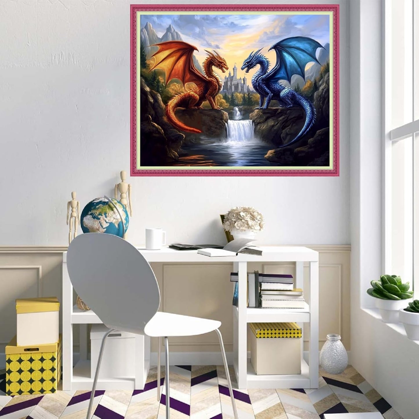 Disnesart Cross Stitch Stamped Full Embroidery Kits DIY 11CT Cotton Thread Printed DIY Needlepoint Kits Craft Needlework Set Cross-Stitch Stamped Sets-Water Fire Dragon Landscape 16x20 inch