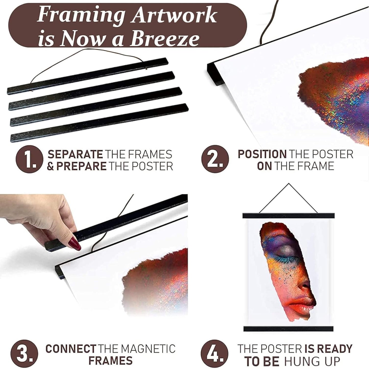 16" Sturdy Magnetic Poster Hanger Frame,Wooden Poster Frame 16x20 16x22 16x24, Solid Teak Wood, Strong Magnets for Easy Hanging Posters, Pictures, Canvas Scroll (16 Inch/40.6cm, Black)