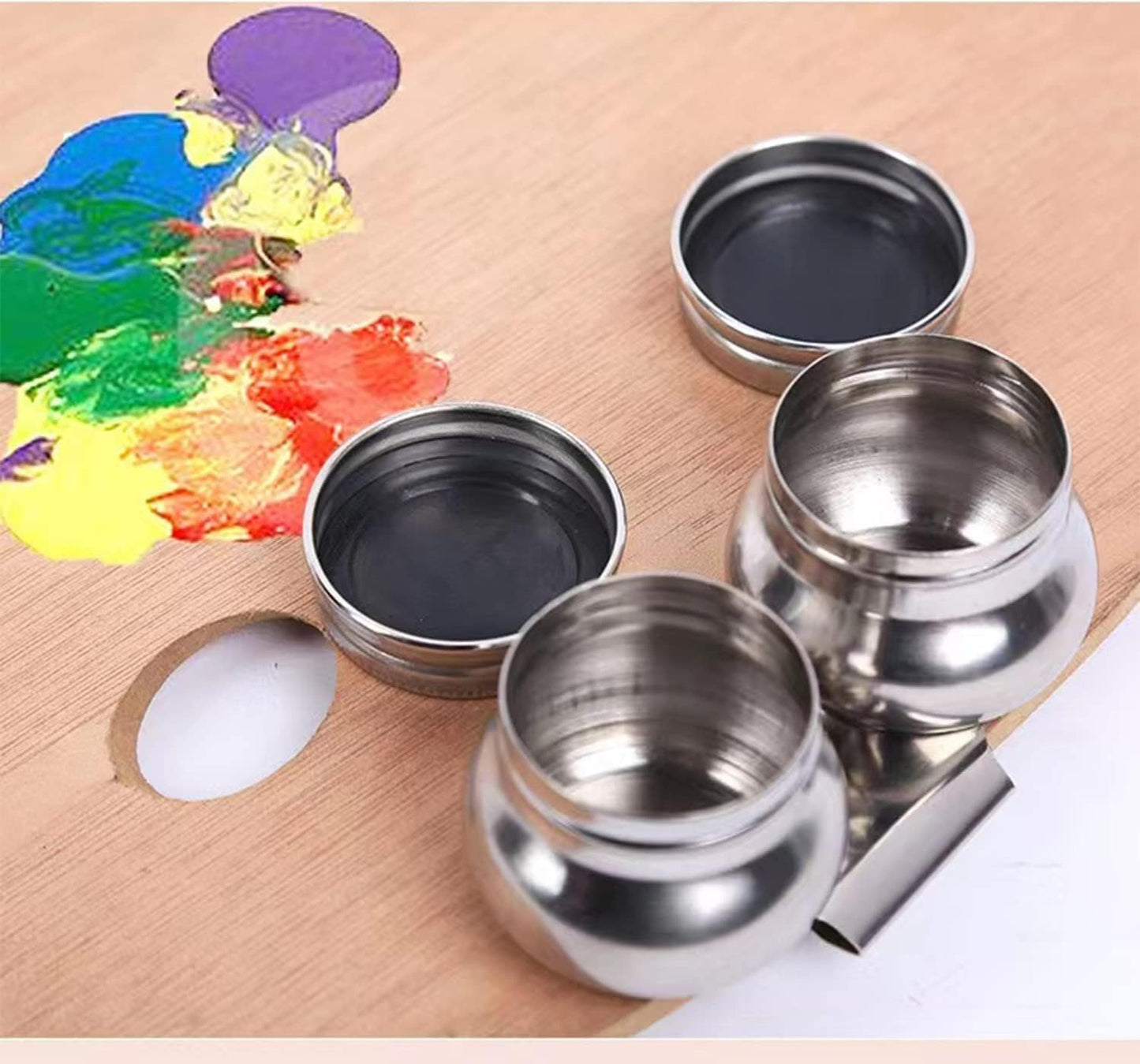 Stainless Steel Palette Cup with Lid, Portable Travel Double Dipper Oil Painting Pot Container, No Leakage, Can Clip on Palette