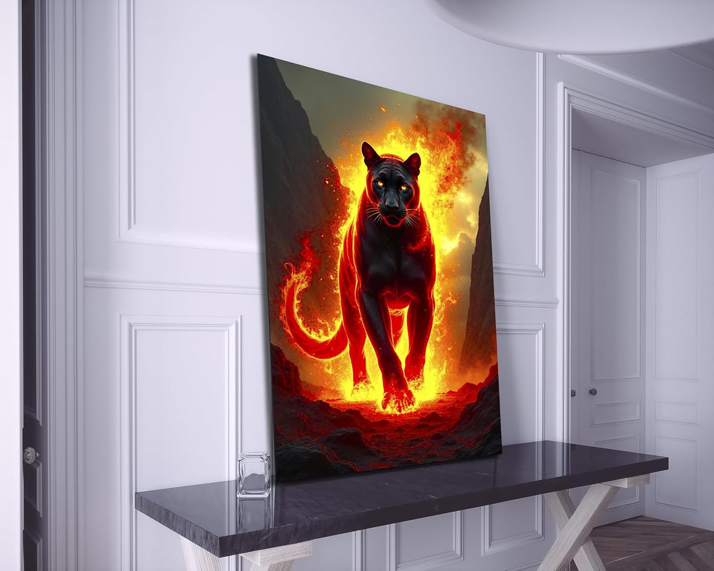 SpiritualHands Fiery Black Panther Glass Wall Art Painting for Living Room, Tempered Glass Modern Prints Decor, Large Vivid Color Panel for Bedroom, Kitchen, or Office