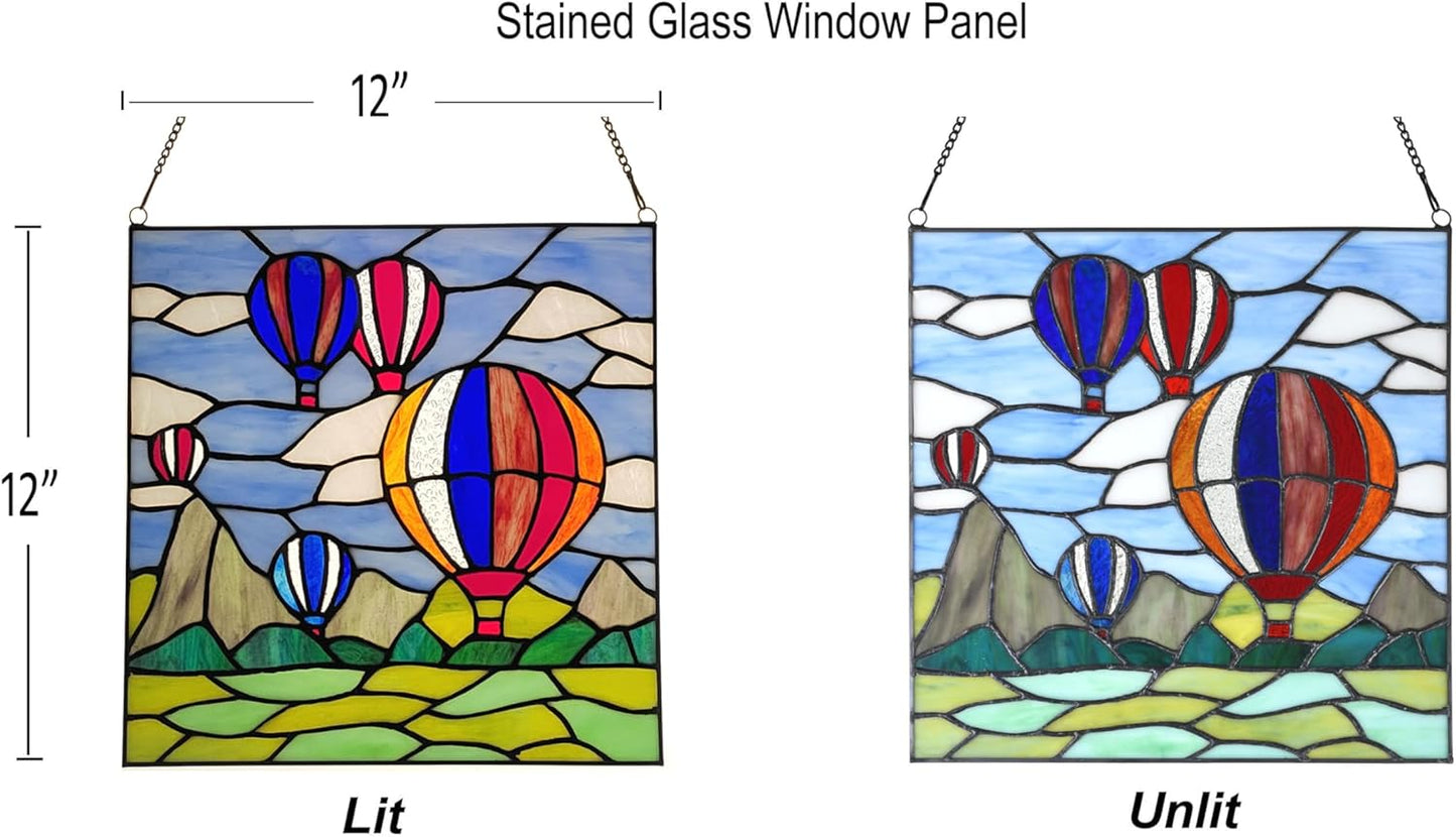 PA0002 Stained Glass Hanging Panel-12 Wx12 H Window Suncatcher Window Décor Tiffany Style Wall Décor Hanging Art,Hot Air Balloons.