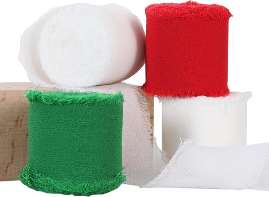 TONIFUL 4 Rolls Silk Chiffon Ribbon 1-1/2 Inch x 22 Yards, Red Green White Handmade Fringe Silk Ribbon for Gift Wrapping Flowral Bouquets Crafts Halloween Christmas Wreath Tree and Party Decoration