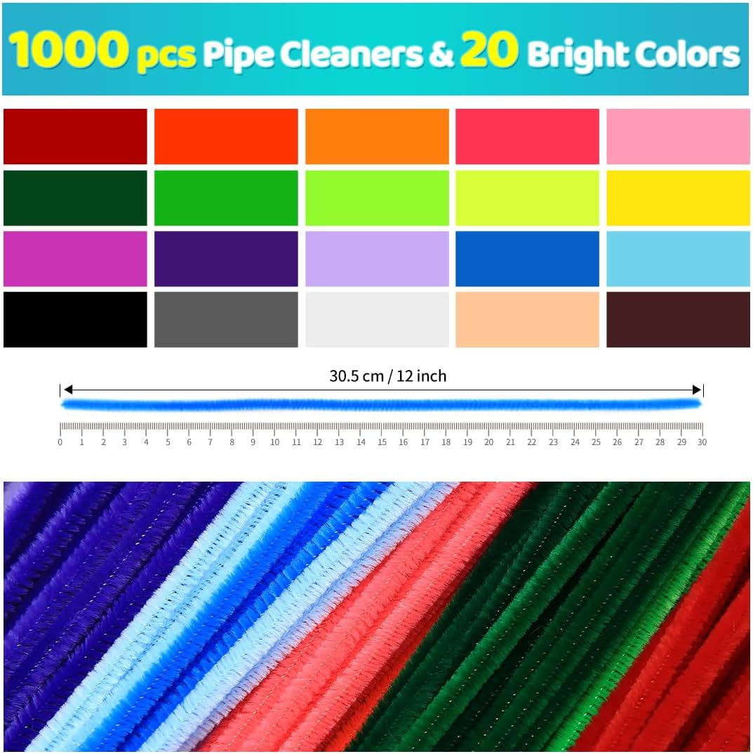 Iooleem 1000pcs Multi-Colored Pipe Cleaners, Chenille Stems, Pipe Cleaners for Crafts, Pipe Cleaner Crafts, Art and Craft Supplies.