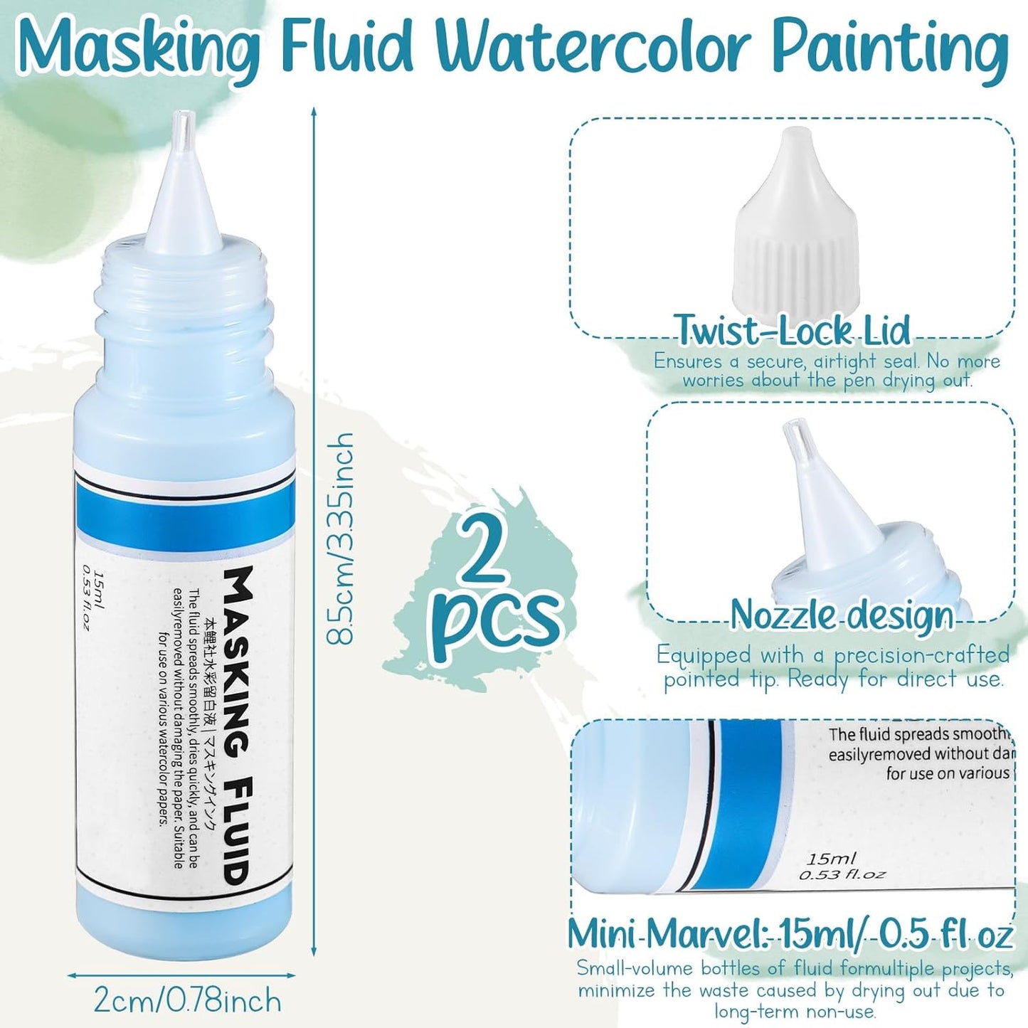 2 Pcs Masking Fluid for Watercolor Painting, 15ml Capacity Bottle with 3mm Applicator Nozzle, Masking Fluid Pen for Various Art Projects Watercolor Ink(Blue)