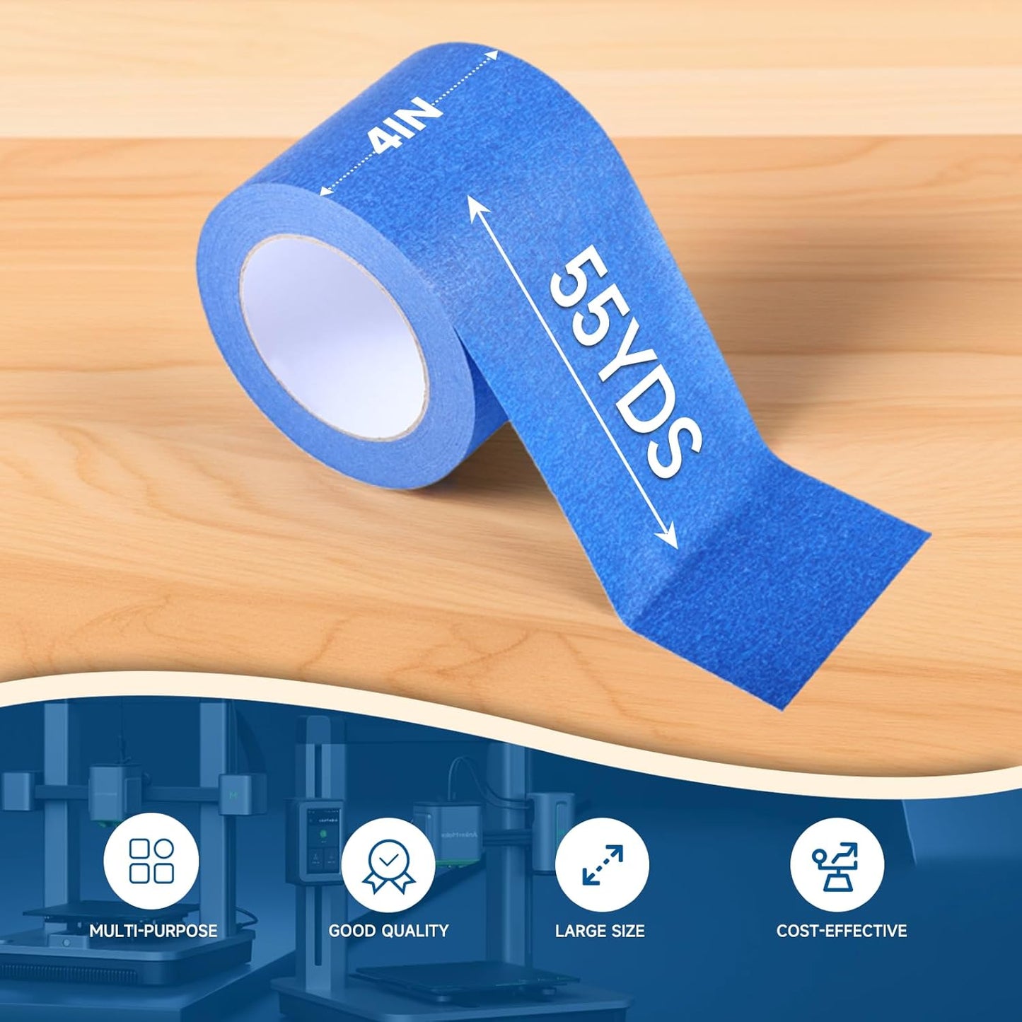 Wide Blue Painters Tape, 4 Inch x 55 Yards, Wide Masking Tape for 3D Printing, Laser Cutting, Painting, Crafting, Labeling, Packing, Office, School, Home Use, Removes Cleanly for 21 Days