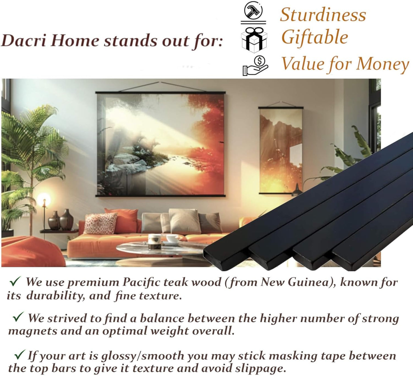 DACRI HOME 30" Wide Sturdy Magnetic Poster Hanger Frame - 30x20 30x24 30x40 Teak Wood Poster Frame for Picture Map Canvas Print Wall Art Hanging (30", Black)