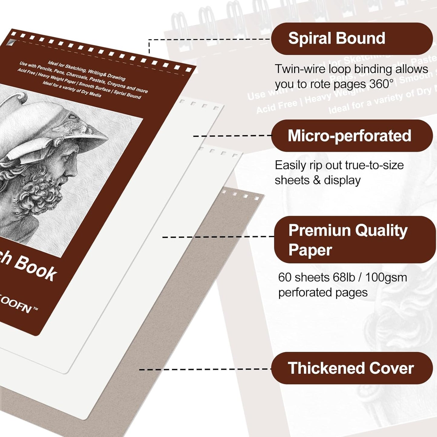 TKOOFN 5.5" x 8.5" Sketch Book, Pack of 10, 600 Sheet Top Spiral Bound Premium Sketchbook Drawing Pads(68lb/100gsm), Acid-Free Painting Paper for Adults Kids Artists Beginners