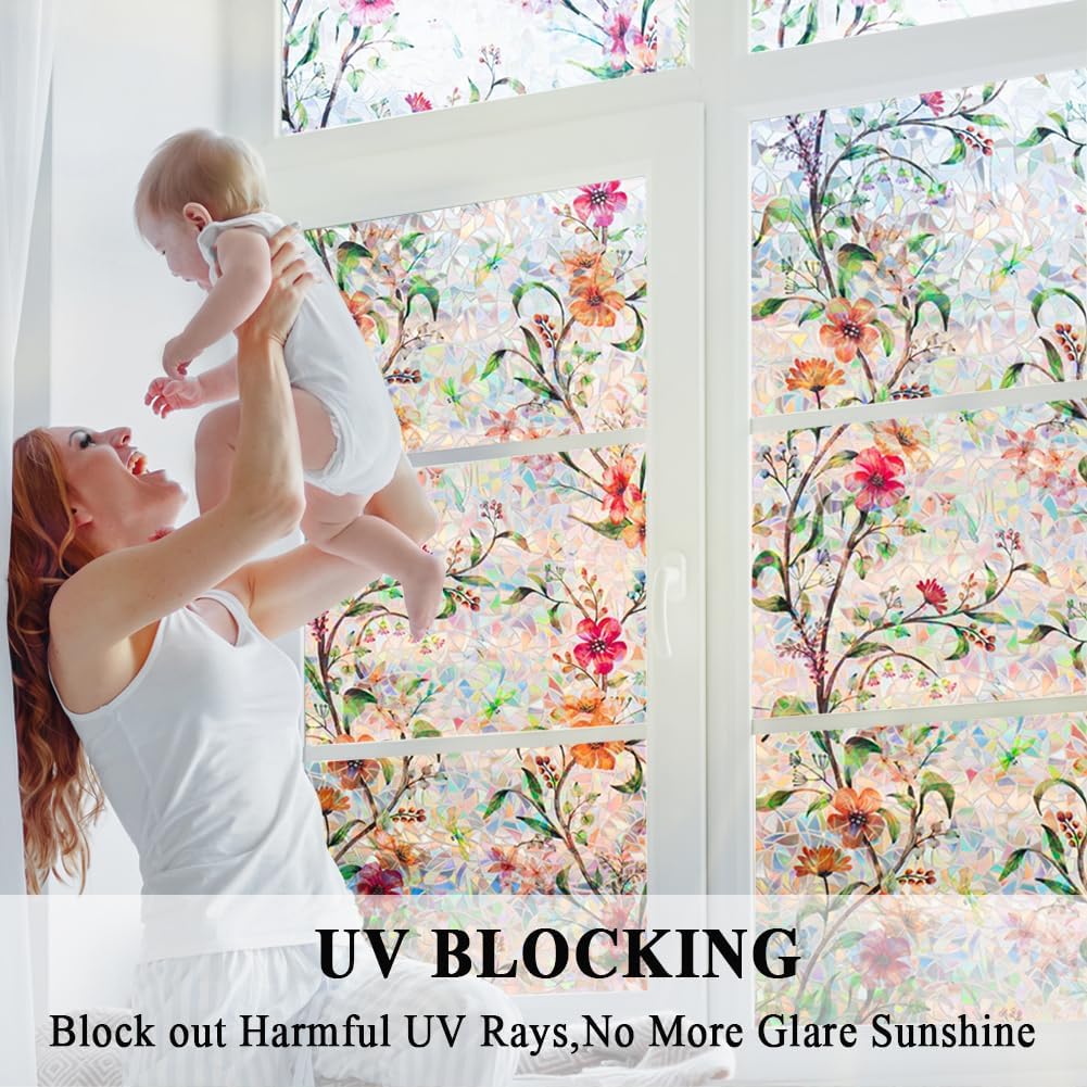 Stained Glass Window Film Static Cling Door Privacy Film Decorative Flowers Green Leaves Window Decals Stickers Heat Control Anti UV for Home and Office,23.6 inches by 78.7 inches