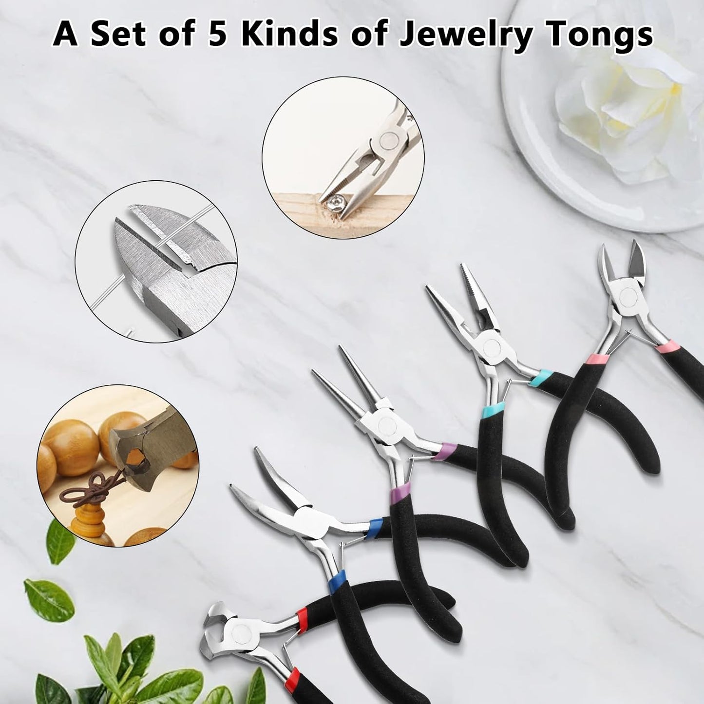 5 Pcs Jewelry Making Pliers Tools with Needle/Chain Nose Pliers, wire cutters Round Nose, Bent Nose-Matte Handle,jewelry making supplies for adults