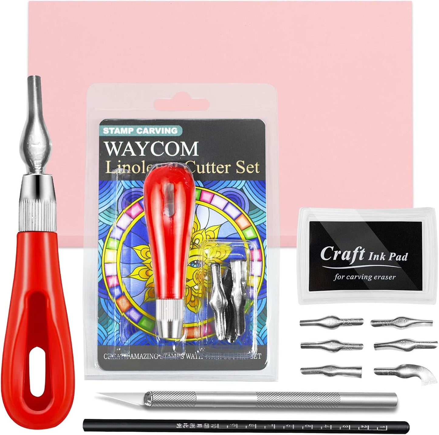 WAYCOM Rubber Stamp Making Kit - Linoleum Cutter Set, Hobby Knife, Pencil for DIY Stamp Carving Craft