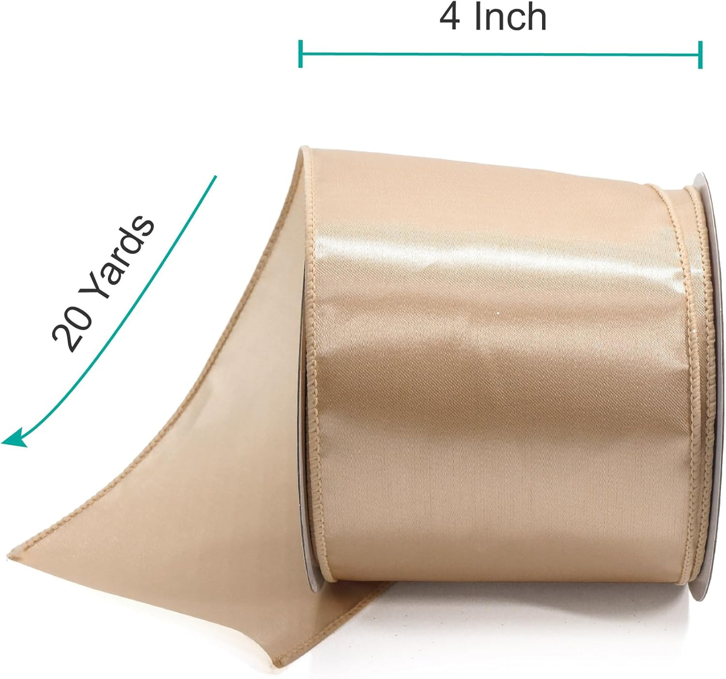 CT CRAFT LLC Satin Wired Ribbon 4 Inch x 20 Yards Champagne Gold for Christmas Home Décor Gift Wrapping Tree Topper Bow Wreath DIY Crafts,