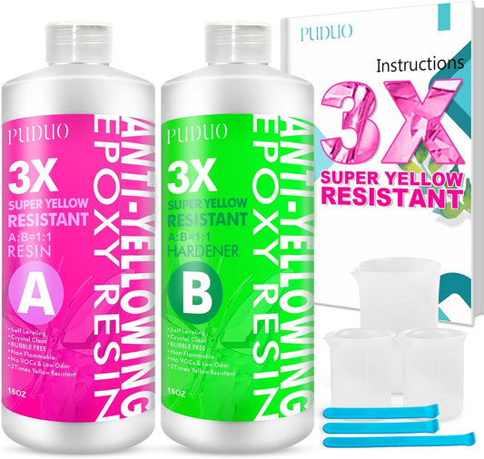 Epoxy Resin Crystal Clear Kit, Super Anti-Yellowing Craft Resin Epoxy 32OZ(16OZ Resin and 16OZ Hardener) for Art, Jewelry Making, Casting, Silicone Molds,Craft,Pigment by Puduo