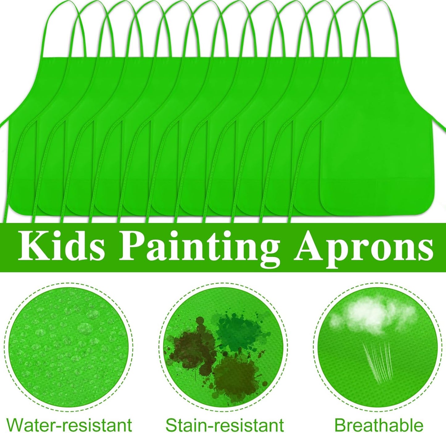 12 Pieces Green Kids Painting Aprons With 2 Roomy Pockets for Art, Activity, Kitchen, and Crafts