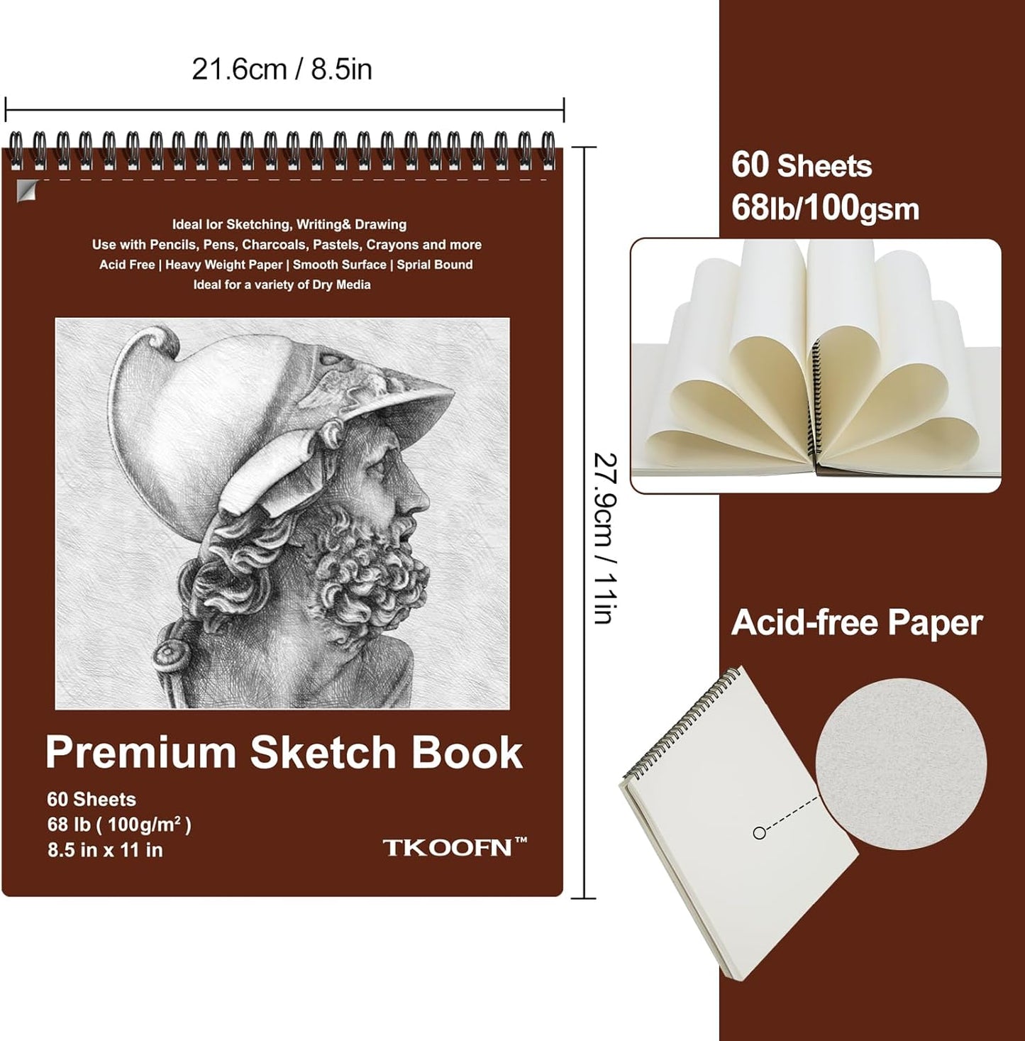 TKOOFN 8.5" x 11" Sketch Book, Pack of 10, 600 Sheet Top Spiral Bound Premium Sketchbook Drawing Pads(68lb/100gsm), Acid-Free Painting Paper Drawingbook for Adults Kids Artists Beginners