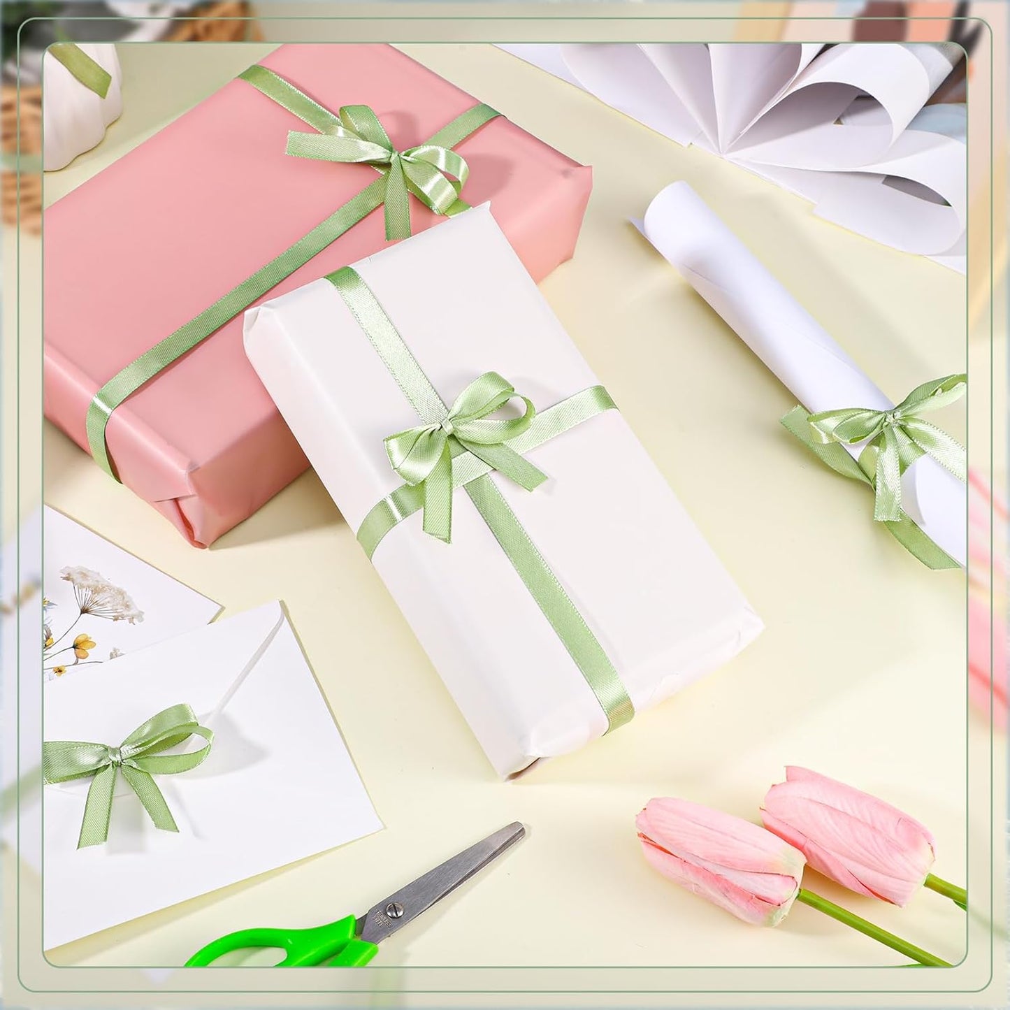 Sage Green Ribbon 3/8 Inch 120 Yards Light Green Satin Ribbon Thin Ribbons for Hair Crafts Scapbook Cake Bows Baby Shower Wedding Birthday Christmas Decorations