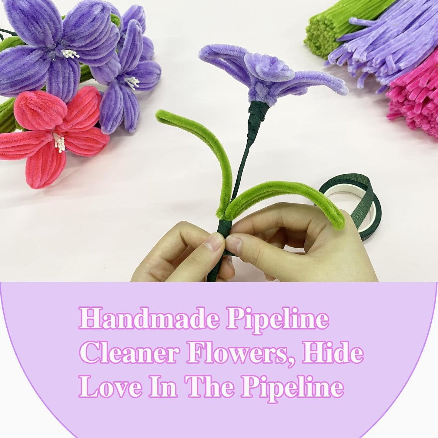 LOLEDE 400Pcs Pipe Cleaners Craft Kit, 3 Colors Chenille Stems for DIY Artificial Flower Making with Floral Wires, Gardening Tape, LED String Lights, Pearl Beads & Ribbon (Purple)