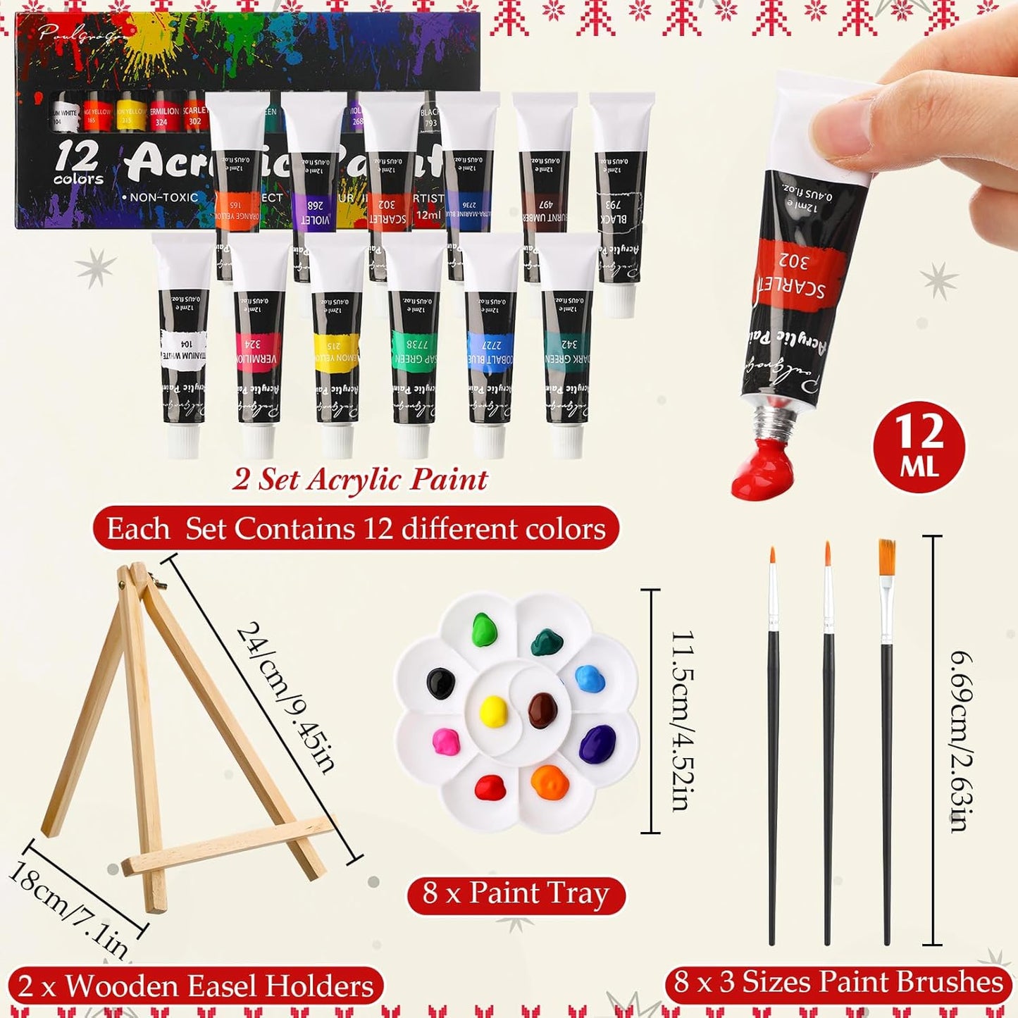 Cholemy 36 Pcs Paint and Sip Kit for Adults 8''x10'' Pre Drawn Canvas for Painting DIY Afro Acrylic Painting Kit Wood Easel Brushes Date Night Bulk for Christmas Party Gifts(Christmas A)