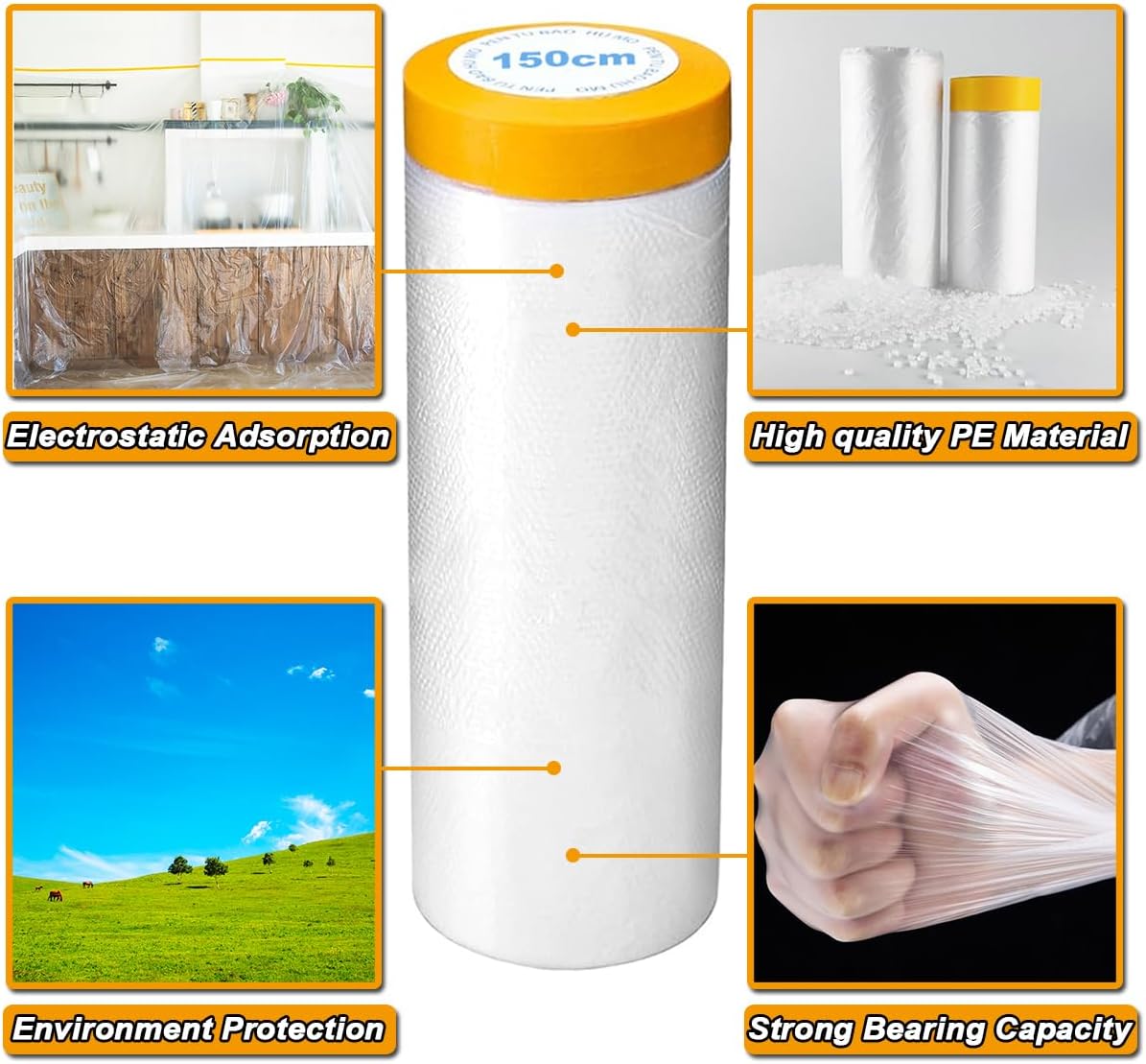 6 Pack Protective Masking Film with Tape 3.6/5/6 x 65 Ft Car Painters Plastic Sheeting Roll Tape and Drape Masking Film for Automotive Painting Covering Furniture, Auto Body, 3 Size