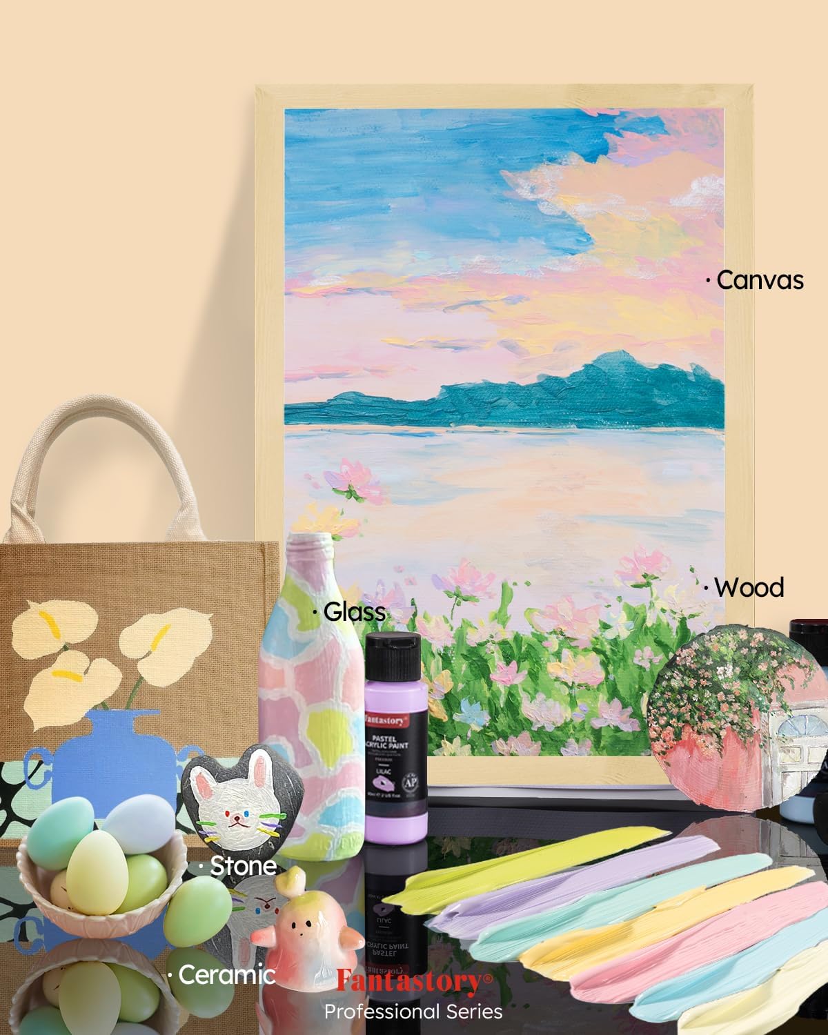 Fantastory Pastel Acrylic Paint Set+12 Brushes, 24 x 2oz Pastel Colors Art Craft Paint for Artists, Halloween Decorations, Canvas Ceramic Wood Rock Painting Supplies Kit [Professional Series]