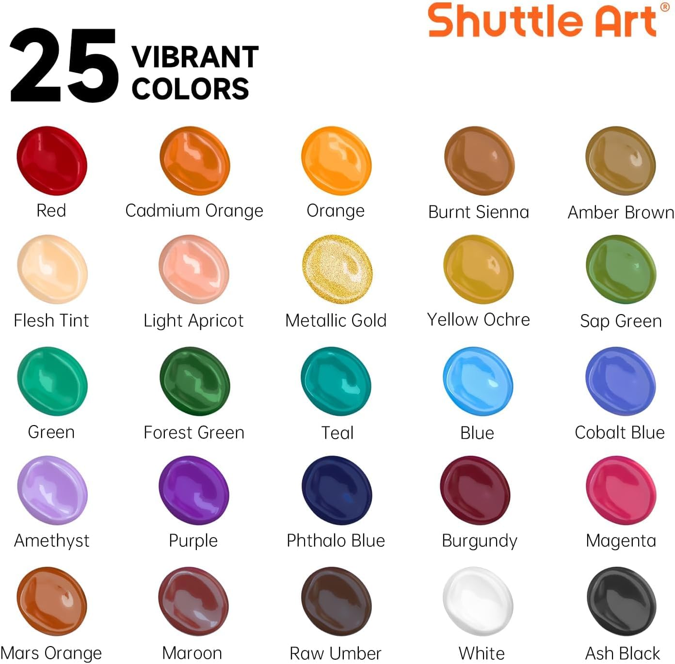 Shuttle Art Acrylic Paint Set, 25 Vintage Colours, 2oz/60ml Bottles, Rich Pigmented, Premium Acrylic Paints for Artists, Beginners and Kids on Rocks Crafts Canvas Wood Ceramic