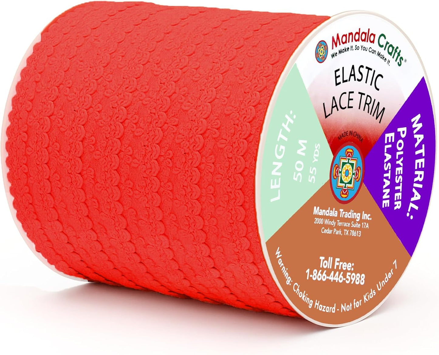 Mandala Crafts Red Stretch Lace Soft Elastic Trim Roll - 55 Yards 1 Inch Wide Stretchy Frilly Picot Ribbon for Sewing Lingerie, Headbands, Underwear, and Crafts