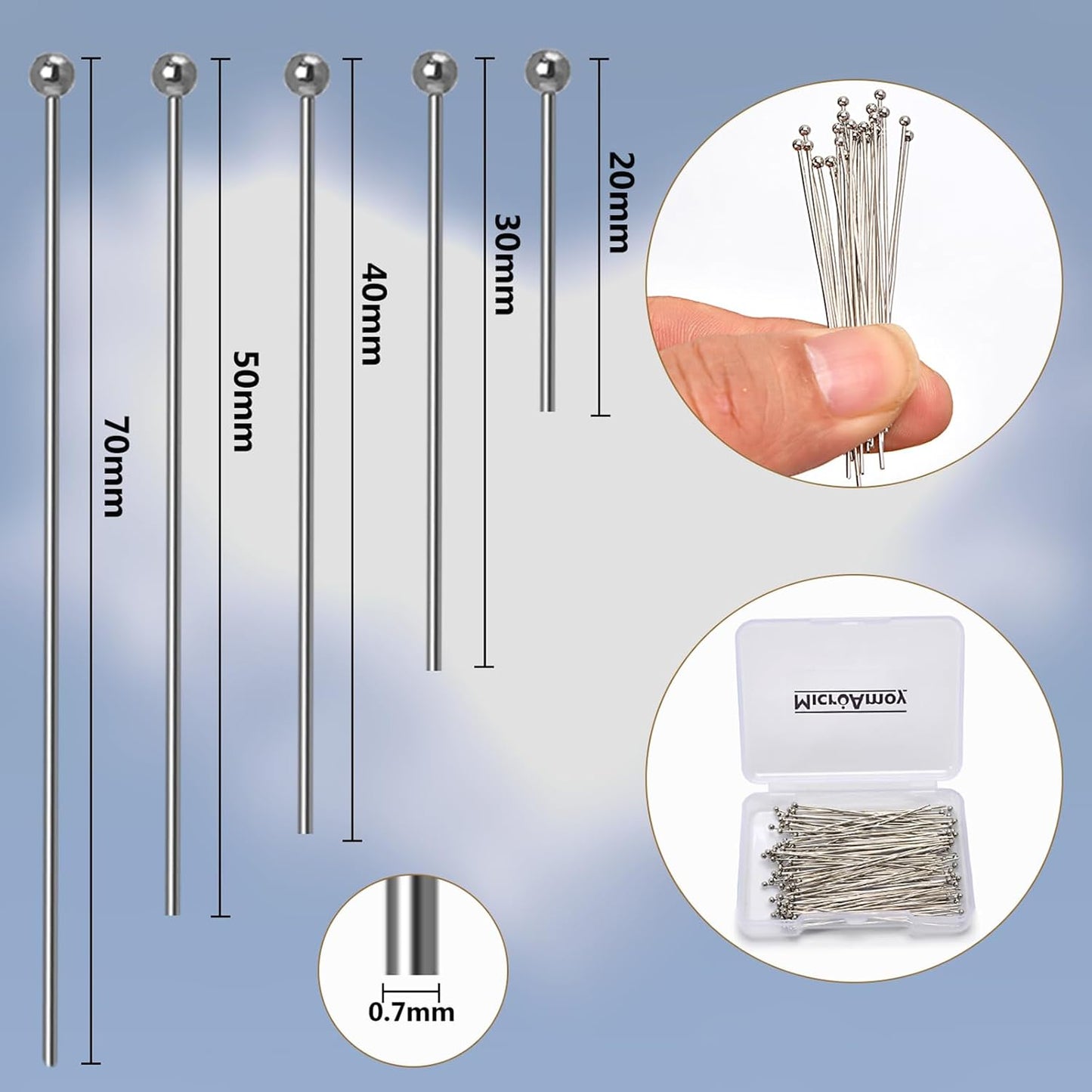 260pcs Silver Filled Ball Head Pins Non Tarnish Craft Earring Bracelet Jewelry Making Accessories Supplies(20mm (0.78in, Silver-Ball Pin)