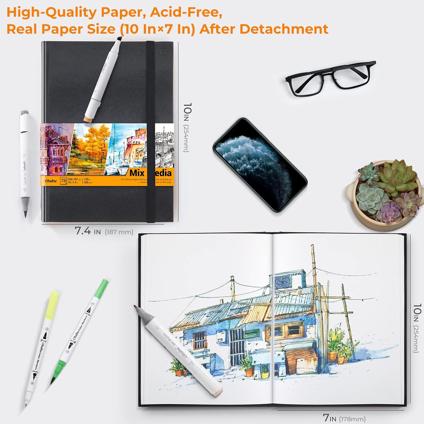 Ohuhu Mix Media Pad - 10"x7.4" Mixed Media Art Sketchbook, 120 lb/200 gsm Heavyweight Papers, 78 Sheets/156 Pages, PU Hardcover Mixed Media Paper Pad for Acrylic Painting Christmas Gift