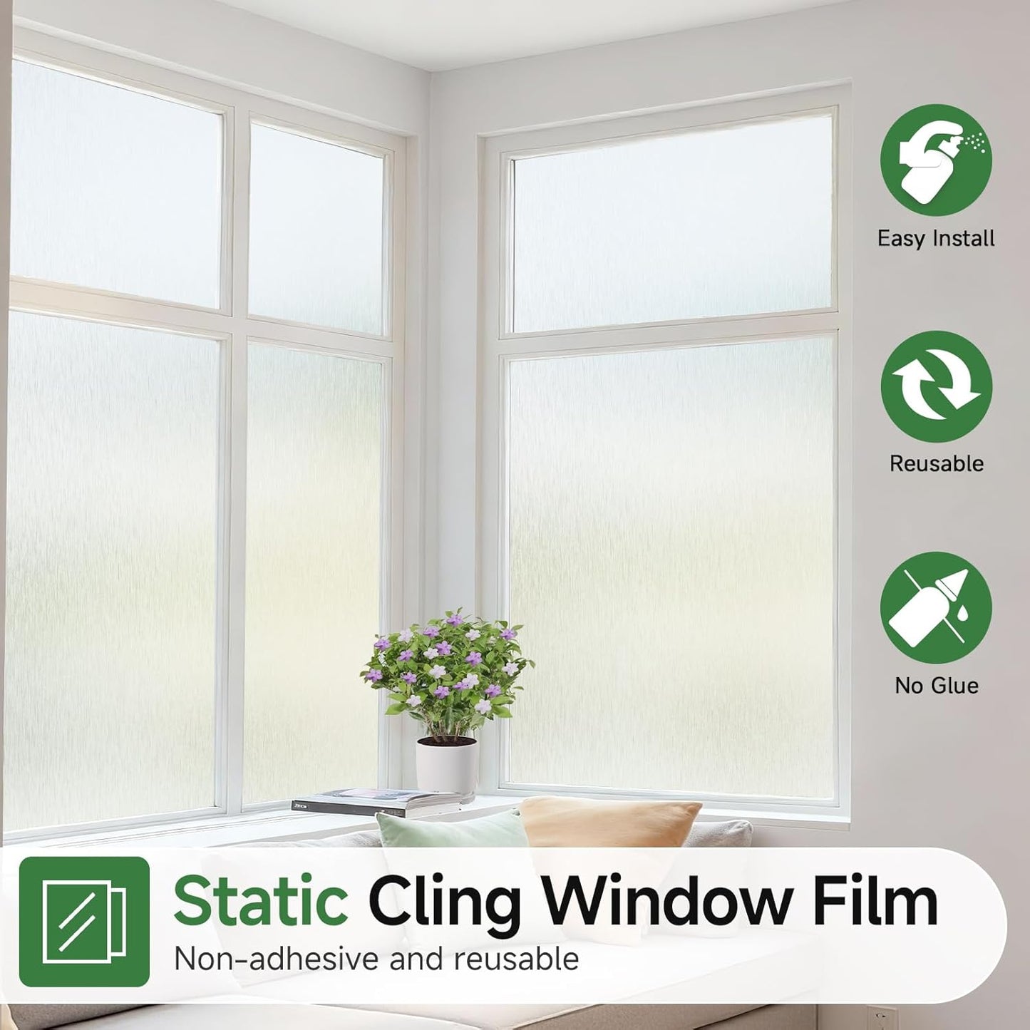 Borsky Frosted Glass Window Film - Static Cling, 96% UV Blocking Non-Adhesive Privacy Window Film, Removable Window Cling with Day & Night Privacy for Bathroom Home Office, 35.4 x 118.1 Inches, Pure
