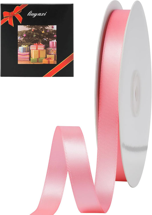 LIUYAXI Pink Stain Ribbon, 5/8" X Continuous 50 Yards, Double Faced Fabric Ribbon Perfect for Gift Wrapping Wedding Birthday Party Christmas Hair Floral Craft Baby Shower