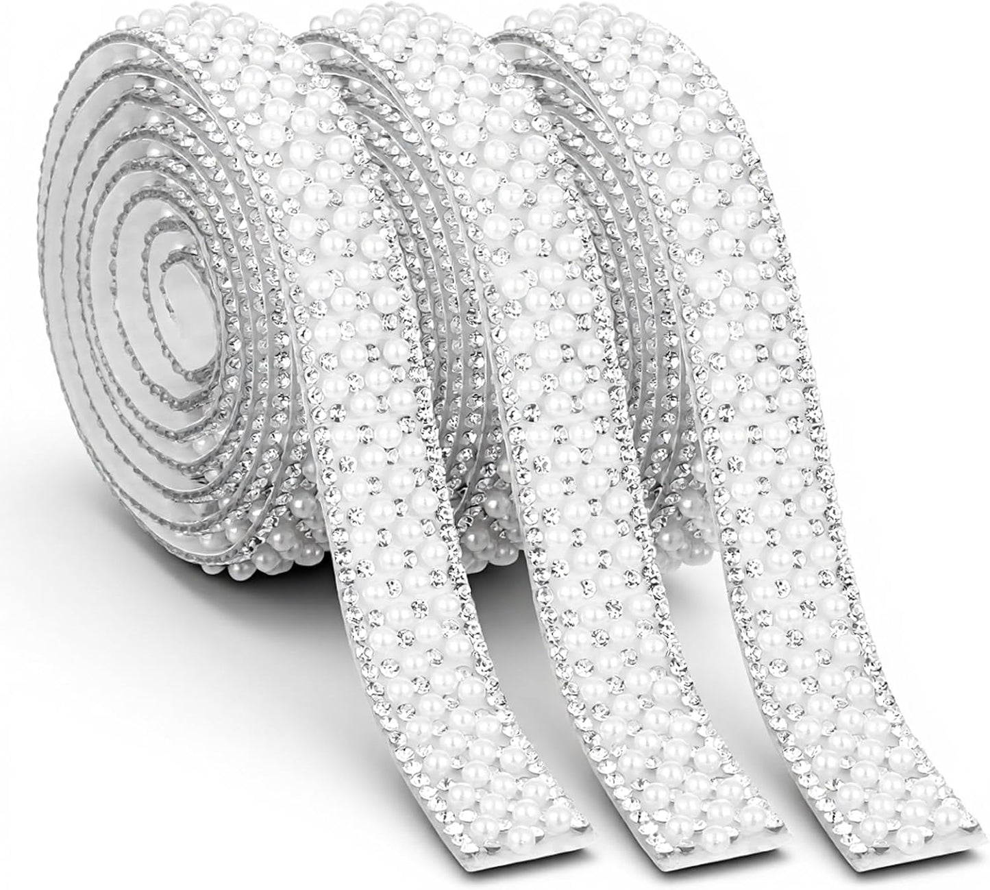 3 Rolls Pearl Rhinestone Ribbon Self Adhesive Pearl Crystal Strips Sticker Bling Pearls Strips Trims Diamond Pearls Tape for DIY Phone Clothing Crafts (3 Yard x 0.59 Inch)