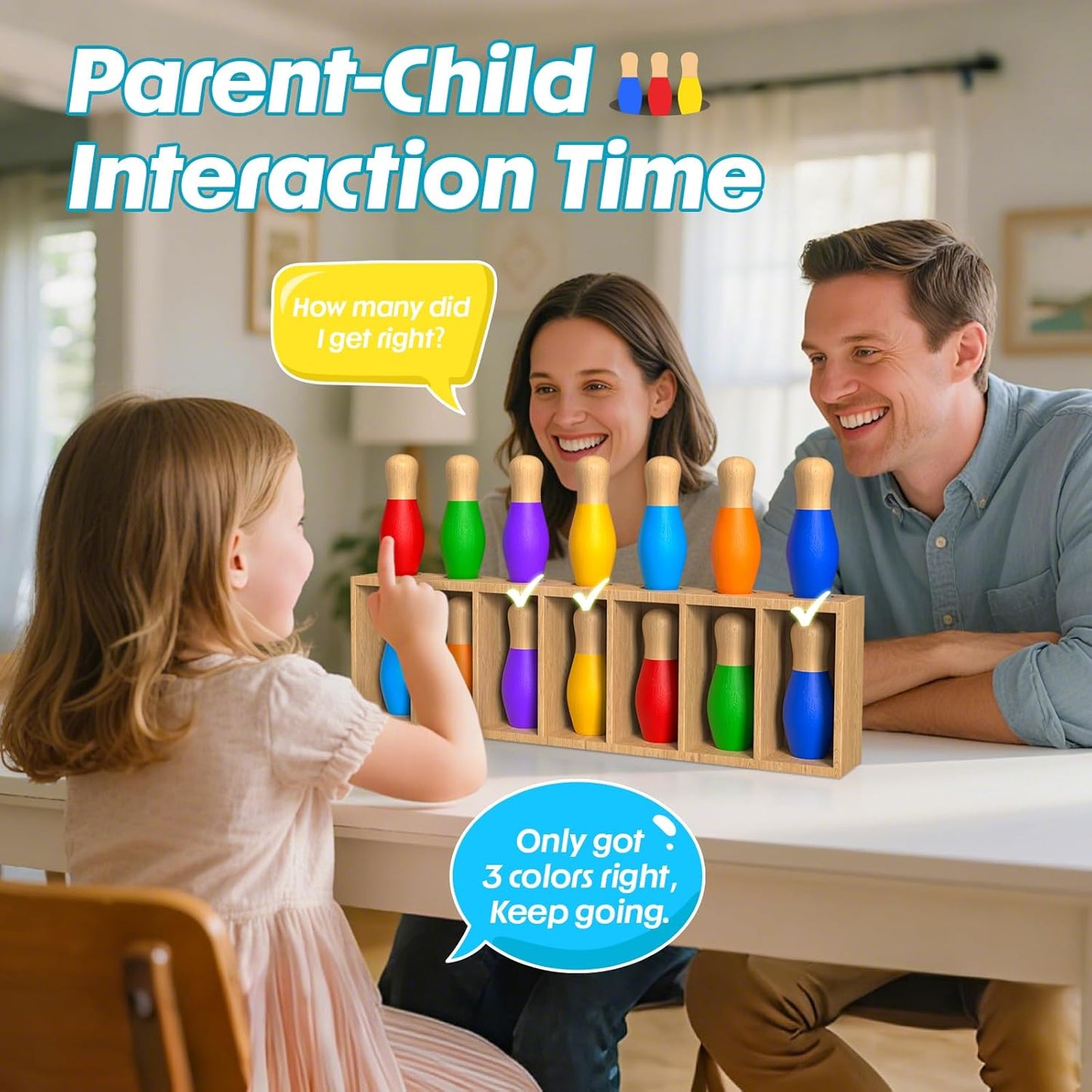 Color Matching Toy Set for Kids, Wooden Bowling Color Matching Game with 7 Bright Pins and Storage Bag, Matching Games for Kids Family Party Birthday Gift, Fun Party Game for Boys Girls