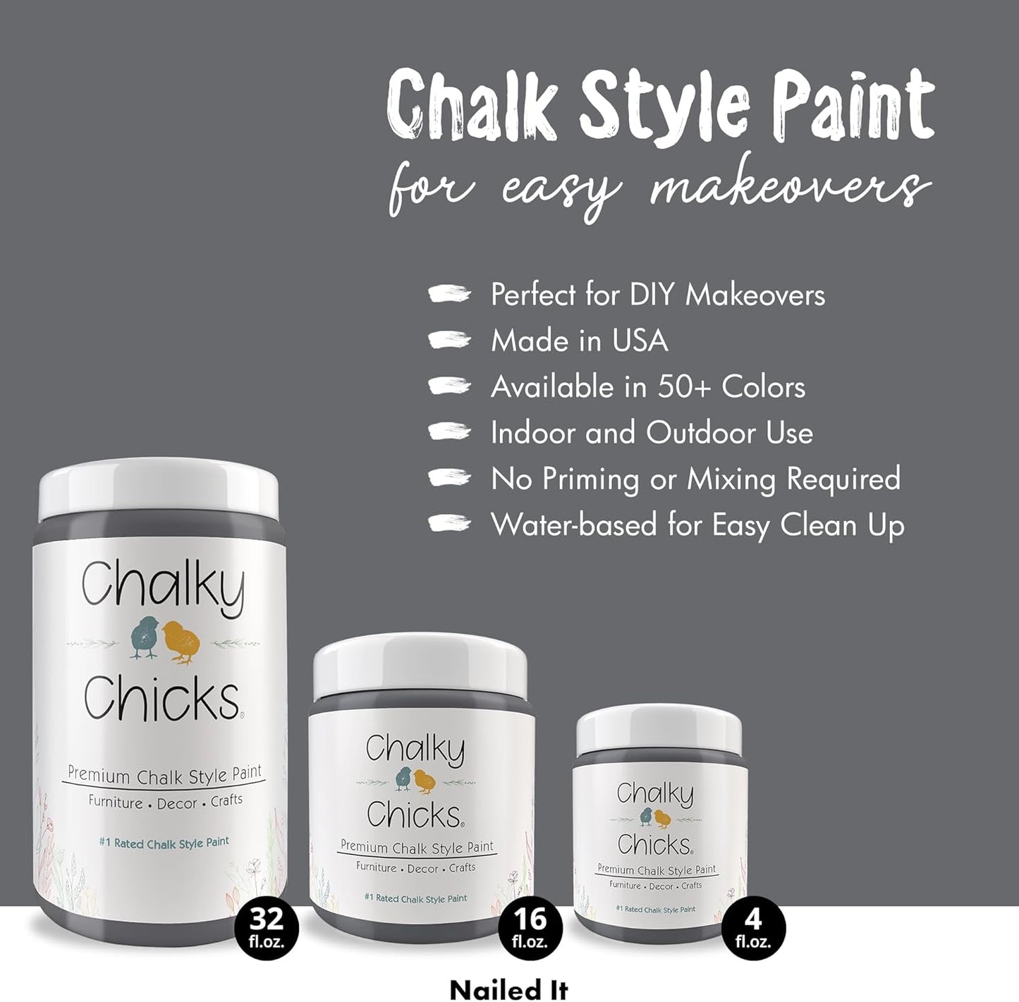 Chalky Chicks All-in-One Chalk Paint for Furniture or Cabinet - 32Fl Oz- Matte Finish Nailed It (Blueish Gray) for Metal, Wood Furniture Paint - No Sanding All-in-One for Home Decor & Crafts, USA Made