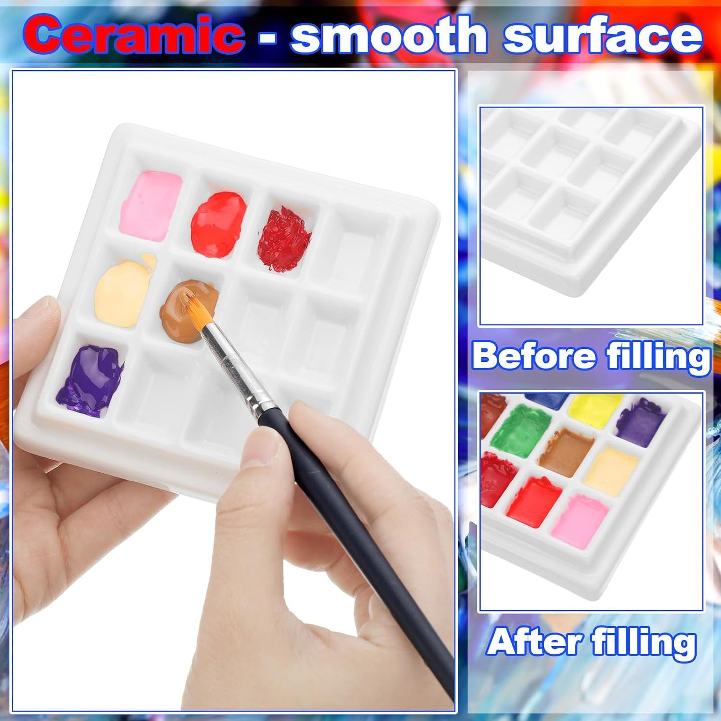 Honoson 4 Pack 12 Wells Ceramic Palette with Covers Pure White Porcelain Painting Palette for Watercolor Gouache Color Painting Mixing Tray for Artists Professionals Students Hobby Crafts