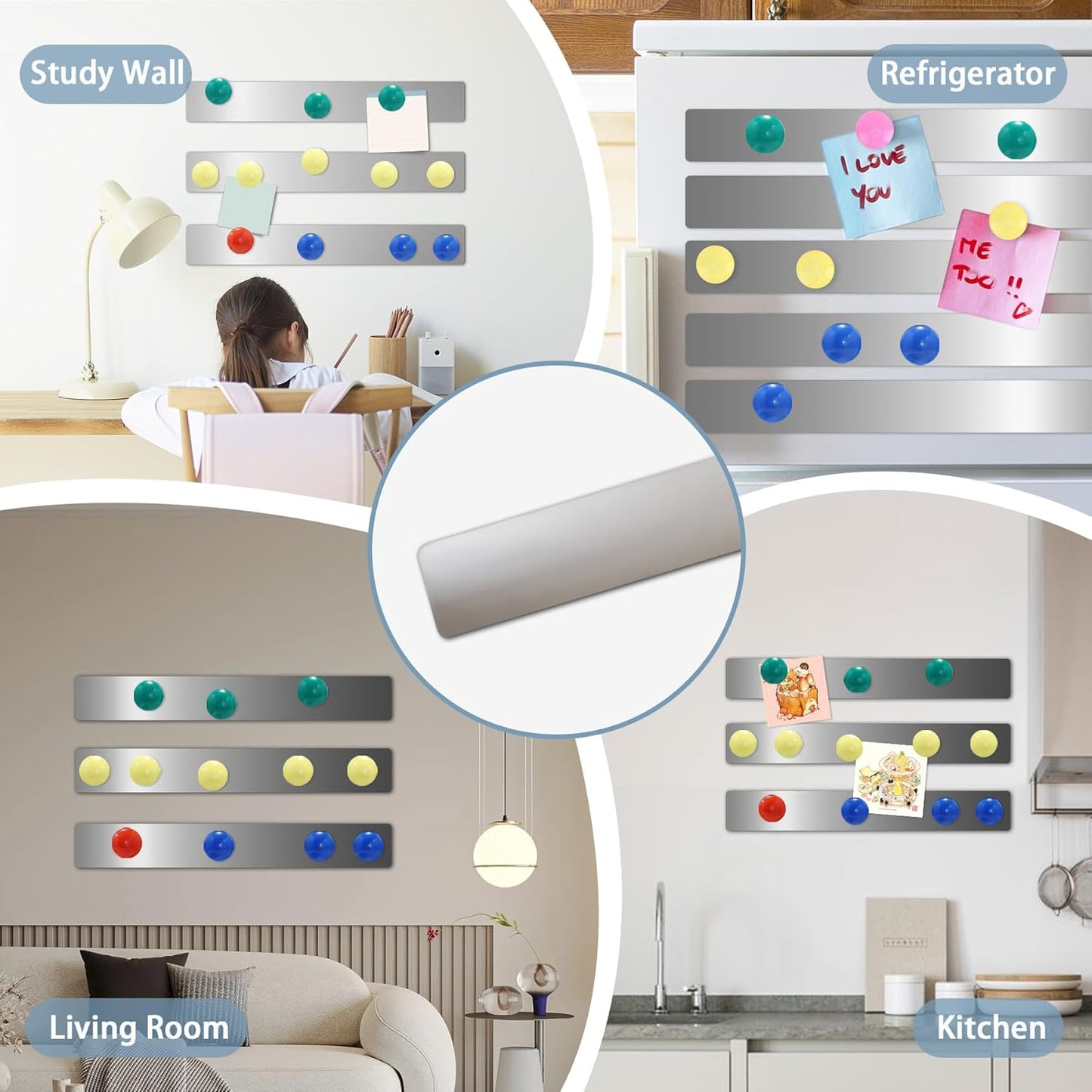 6Pcs 15''L x 1.97''W Frameless Magnetic Bulletin Strip with 48pcs Magnets, Self Adhesive Backing Stainless Iron Bar Memo Board for School, Home, Office