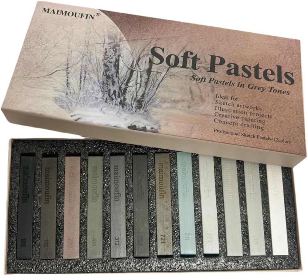 12-Pack Gray Tone Soft Pastel Sticks - Square Water-Soluble Artist Chalks with High Pigment for Sketching, Drawing & Illustration (Perfect for Artists, Beginners & Hobbyists) (Grey)