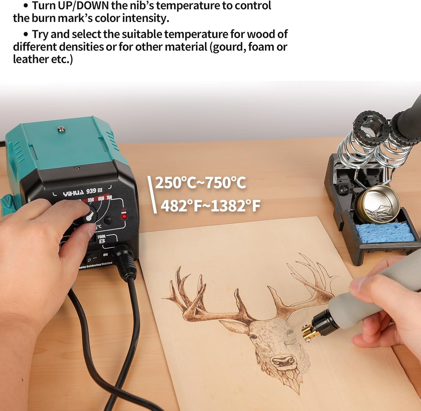YIHUA 939 III Dual Pen Pyrography Station 2-in-1 Wood-Burning Tool with Two Wood-Burning pens 250-750°C Temperature Adjustable 20 Detailer nibs and 7 Essential Accessories and Tools Included