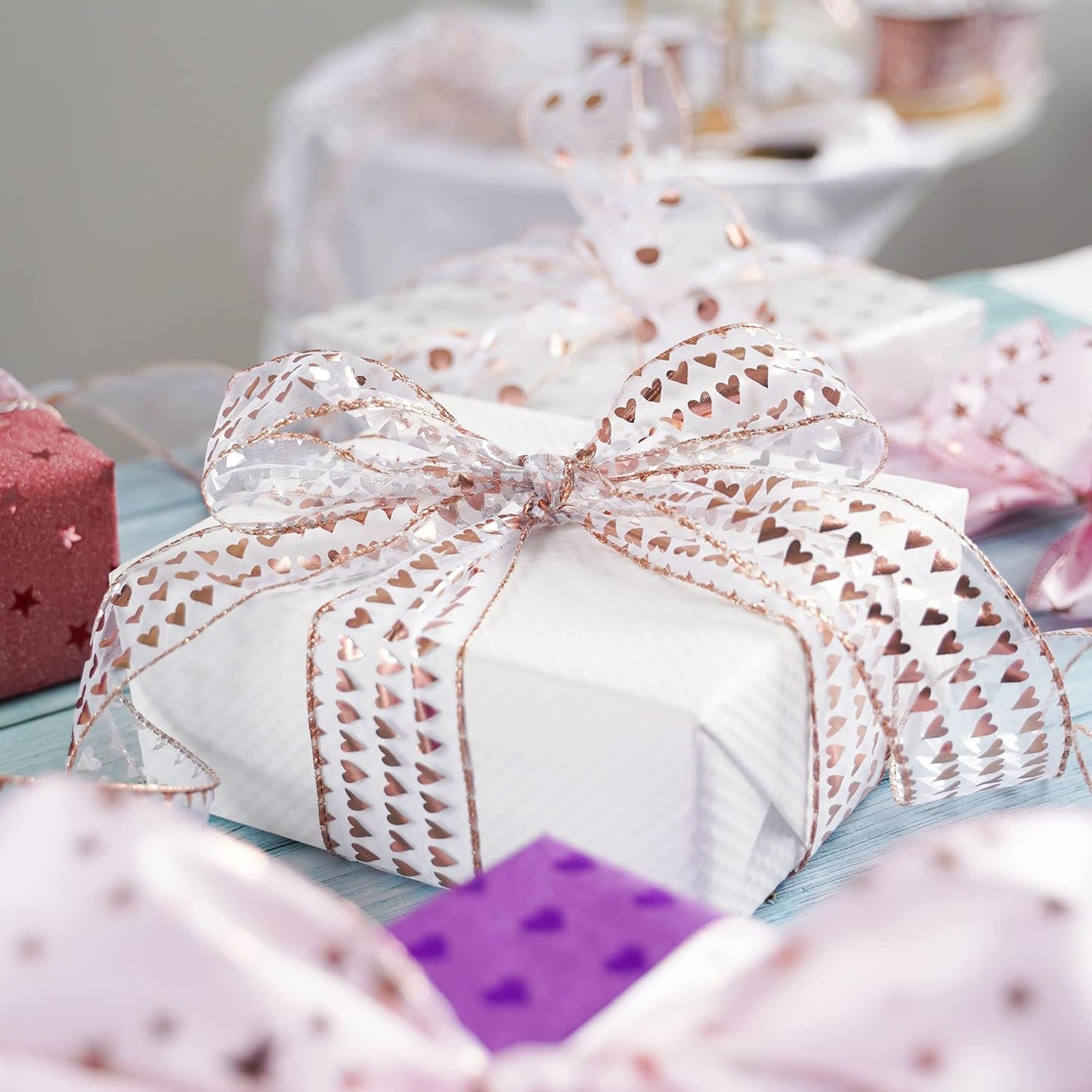 MEEDEE Heart Wired Ribbon - 2.5 Inch Rose Gold & Pink Sheer Organza Ribbon, 25 Yards Roll, Perfect for Valentine Bows & Decor